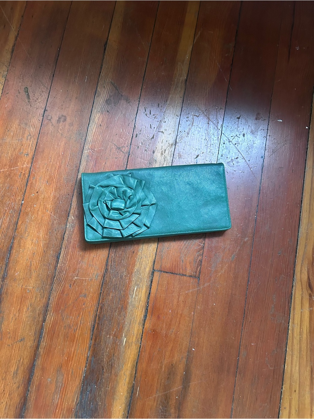 Tarnish Green Floral Appliqué Leather Clutch
